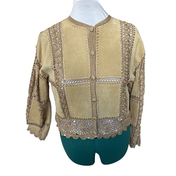Vintage Overland Patchwork Cropped Jacket Women 8 Tan Suede Connected Crochet - Picture 1 of 11